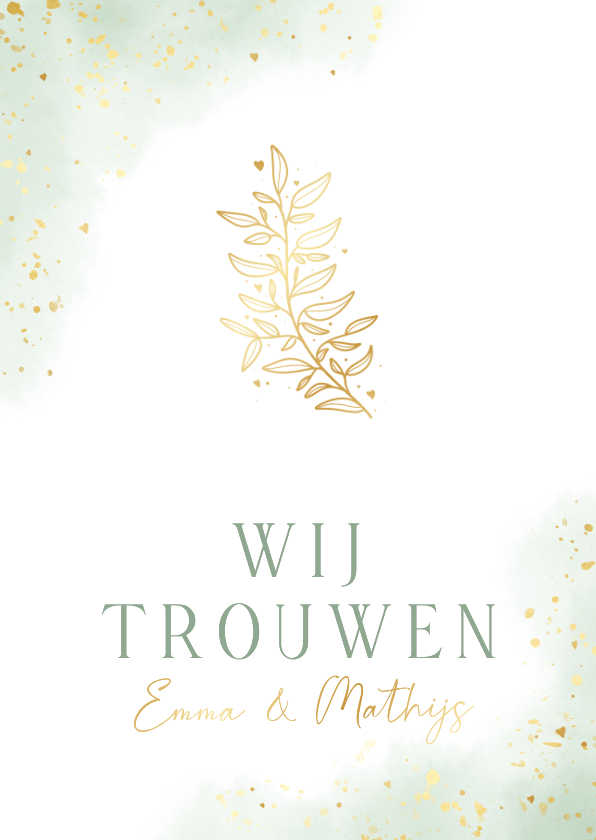 Waterverf trouwkaart groen met goudfolie takje - Trouwkaarten Trouwkaarten - Waterverf trouwkaart groen met goudfolie takje