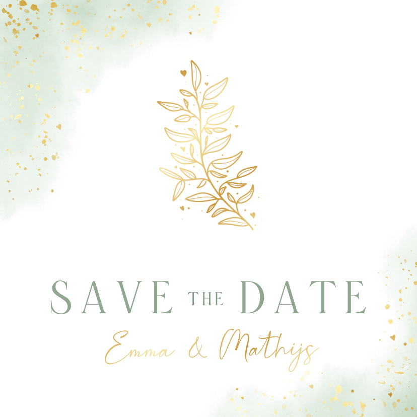Waterverf trouwkaart save the date met goudfolie takje - Trouwkaarten Trouwkaarten - Waterverf trouwkaart save the date met goudfolie takje