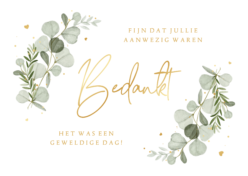 Wave vorm kaart bedankt eucalyptus spetters hartjes goud - Trouwkaarten Trouwkaarten - Wave vorm kaart bedankt eucalyptus spetters hartjes goud