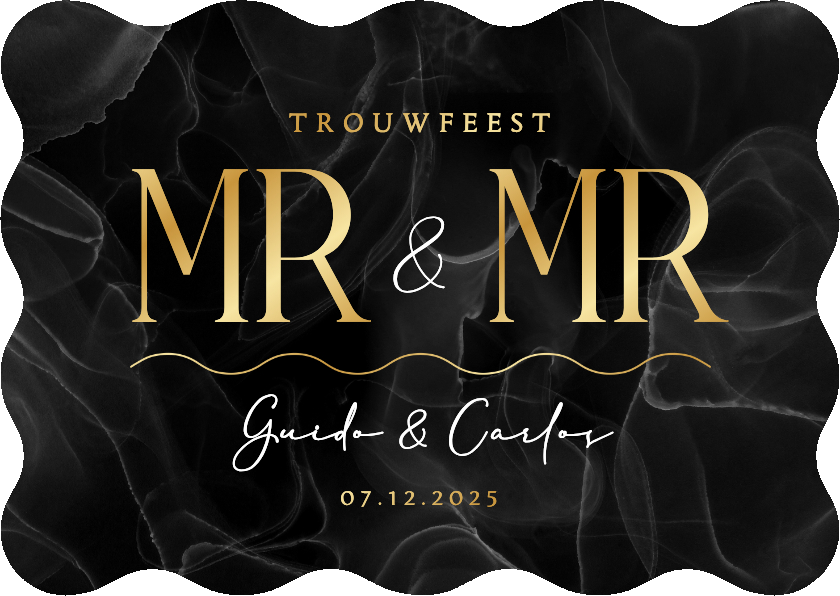 Trouwkaarten - Wave vorm kaart mr. and mr. marmer zwart stijlvol goud