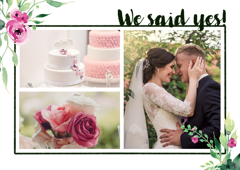 We said yes! Trouwkaart Stijlvol wit met bloemen We said yes! Trouwkaart Stijlvol wit met bloemen