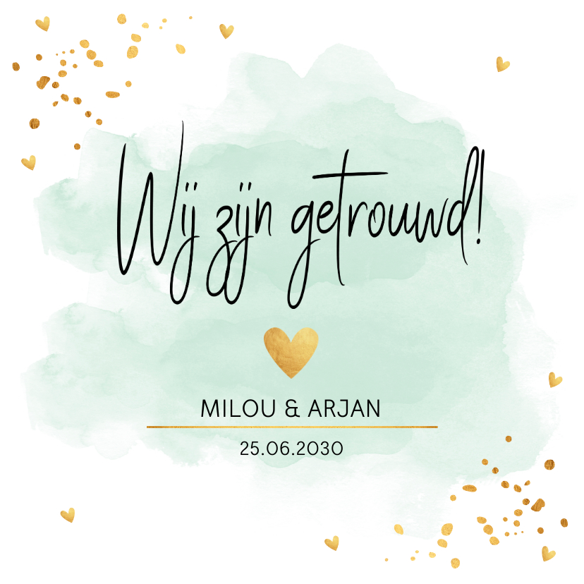 Trouwkaarten - Wij zijn getrouwd kaart mintgroen waterverf goudlook