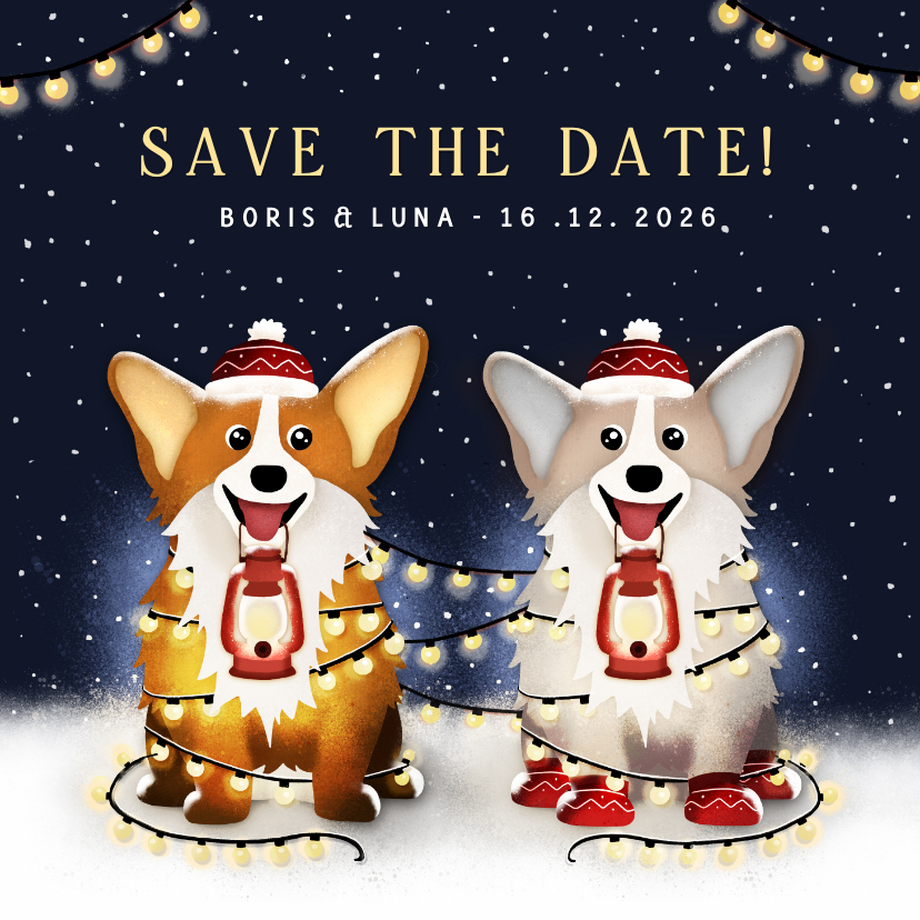 Winterse Save the Date kaart met 2 corgi honden en lampjes - Trouwkaarten Trouwkaarten - Winterse Save the Date kaart met 2 corgi honden en lampjes
