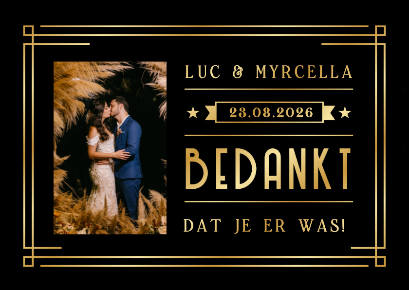 Zwarte bedankkaart trouwen in art-deco stijl met goudfolie - Trouwkaarten Trouwkaarten - Zwarte bedankkaart trouwen in art-deco stijl met goudfolie