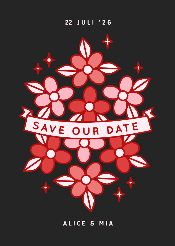 Trouwkaarten -  Zwarte save the date kaart met rode en roze bloemen