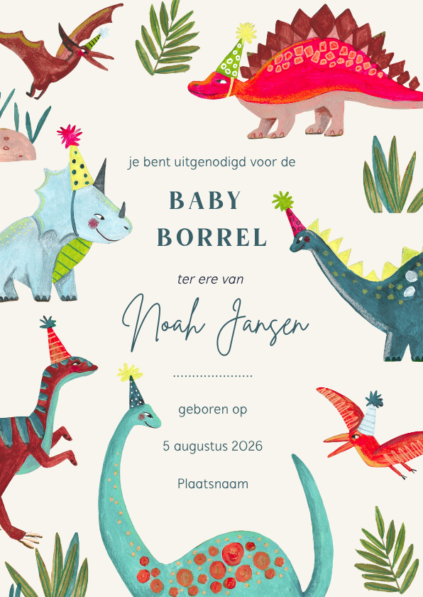 Uitnodigingen - Babyborrel jongen met lieve dinosaurussen in dino land