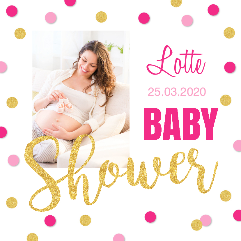 Babyshower uitnodiging foto gouden confetti - Uitnodigingen Uitnodigingen - Babyshower uitnodiging foto gouden confetti