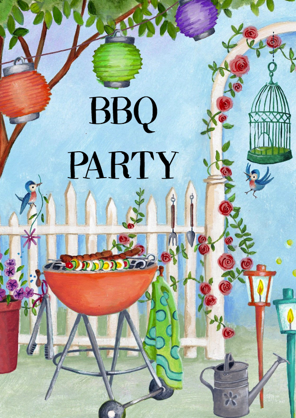 BBQ party Tuinfeest Vrolijk Tuin Hek Uitnodigingen Kaartje2go