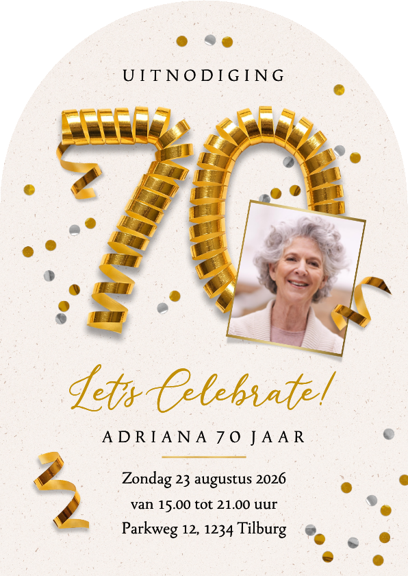 Boogkaart uitnodiging 70 jaar gouden slingers foto confetti - Uitnodigingen Uitnodigingen - Boogkaart uitnodiging 70 jaar gouden slingers foto confetti