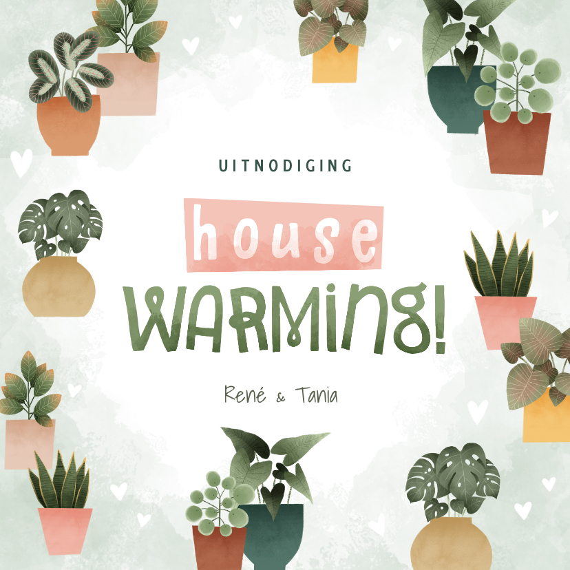 Uitnodigingen - Botanische uitnodiging housewarming met planjes en hartjes