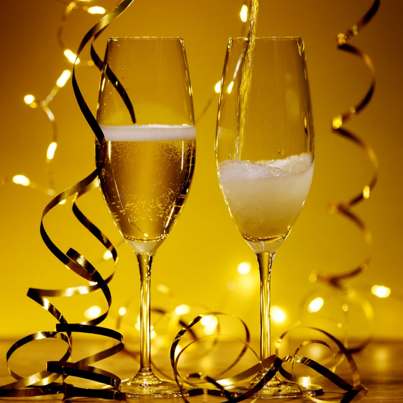 Uitnodigingen - Champagne bubbels met slingers
