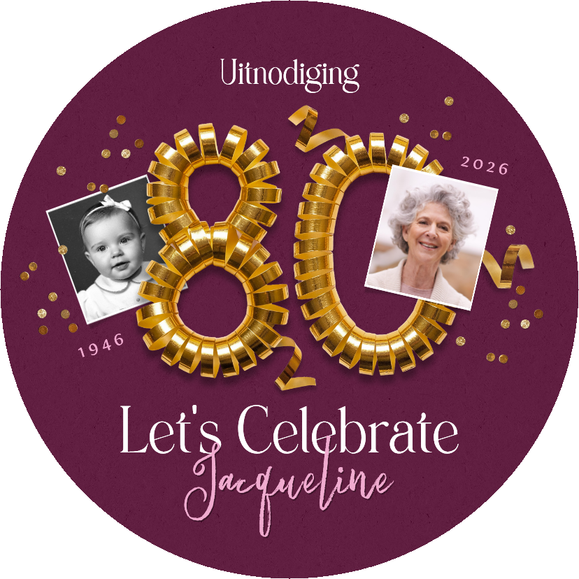 Uitnodigingen - Cirkel uitnodigingskaart feestje 80 jaar foto vroeger nu