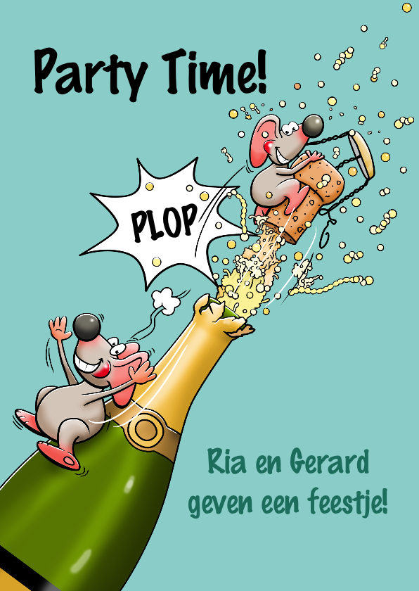 Uitnodigingen - Grappige uitnodiging met muizen en fles champagne