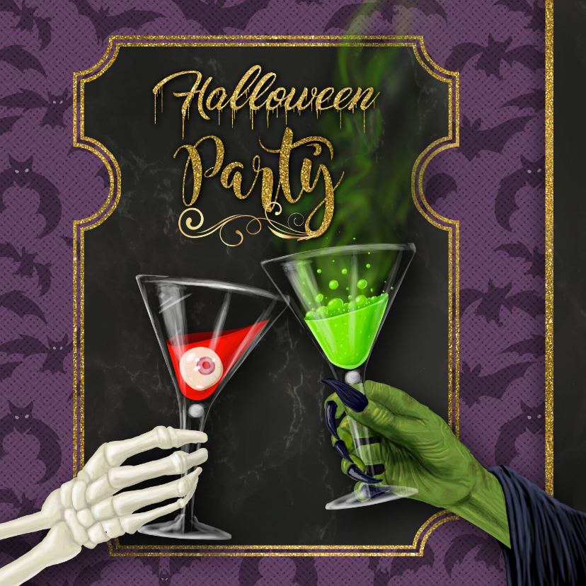 Uitnodigingen - Halloween uitnodiging skelet en heks proosten