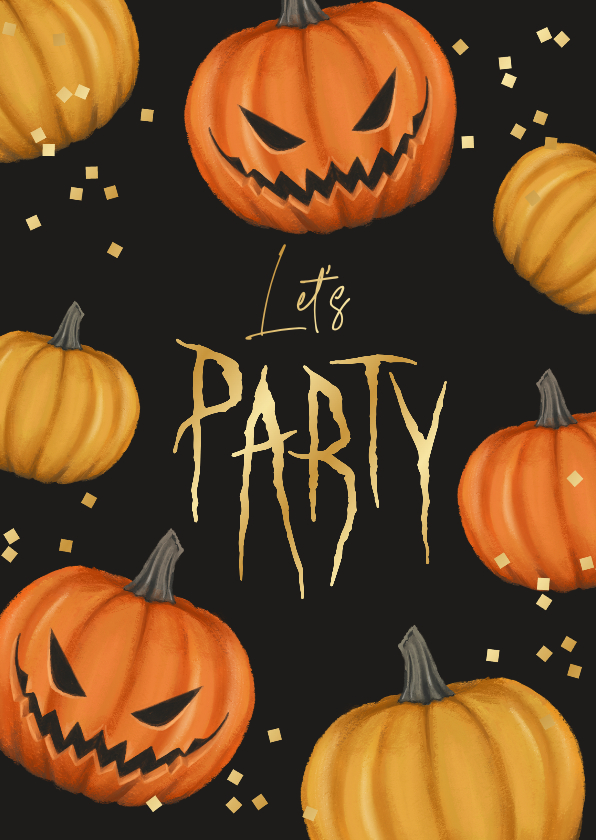 Uitnodigingen - Halloweenfeest uitnodiging pompoenen goud party confetti