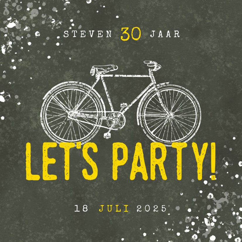 Hippe uitnodiging 30 jaar met fiets, Let's Party en spetters - Uitnodigingen Uitnodigingen - Hippe uitnodiging 30 jaar met fiets, Let's Party en spetters