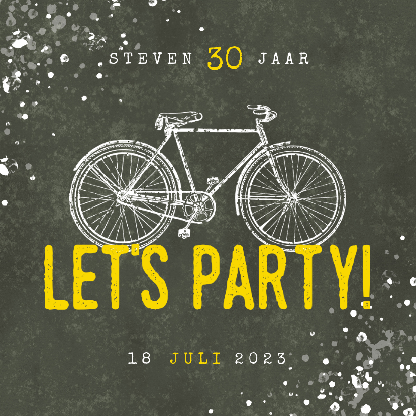 Hippe uitnodiging 30 jaar met fiets, Let's Party en spetters - Uitnodigingen Uitnodigingen - Hippe uitnodiging 30 jaar met fiets, Let's Party en spetters