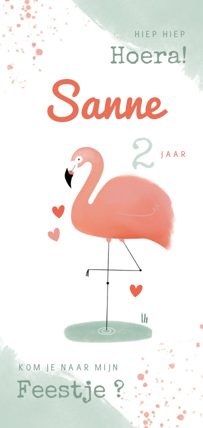 Uitnodigingen - Hippe uitnodiging flamingo waterverf meisje 2e verjaardag
