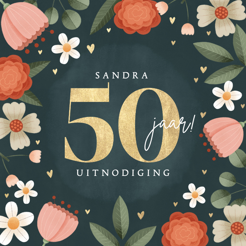 Hippe uitnodiging gouden 50 jaar met bloemenkader en hartjes - Uitnodigingen Uitnodigingen - Hippe uitnodiging gouden 50 jaar met bloemenkader en hartjes
