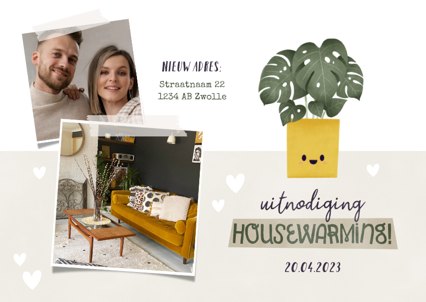 Uitnodigingen - Hippe uitnodiging housewarming met plantje, foto's & hartjes