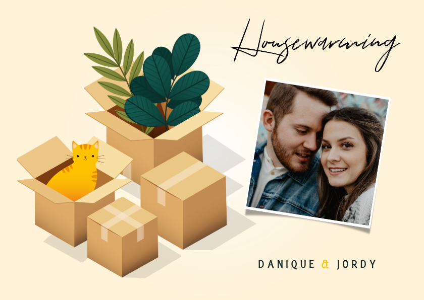 Hippe uitnodiging housewarming verhuisdozen, planten en kat - Uitnodigingen Uitnodigingen - Hippe uitnodiging housewarming verhuisdozen, planten en kat