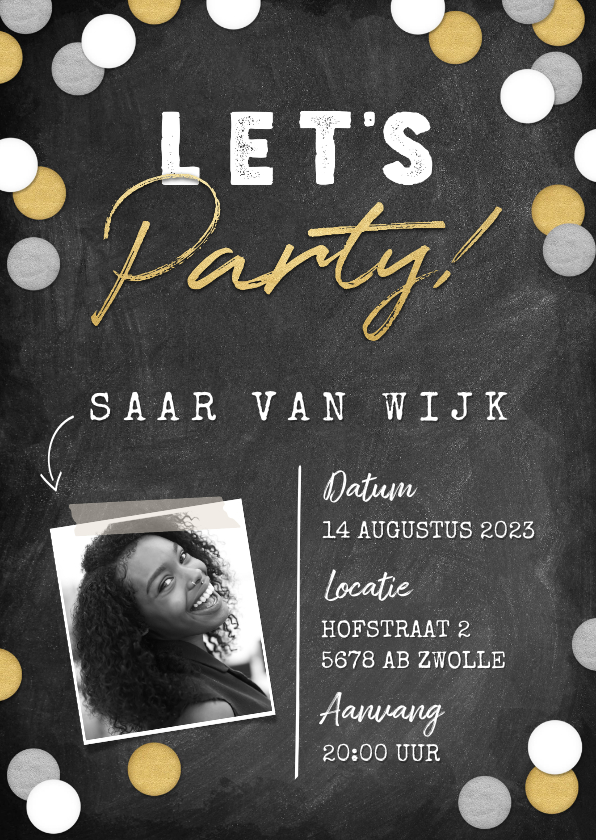 Uitnodigingen - Hippe uitnodiging krijtbord "Let's Party!" met foto