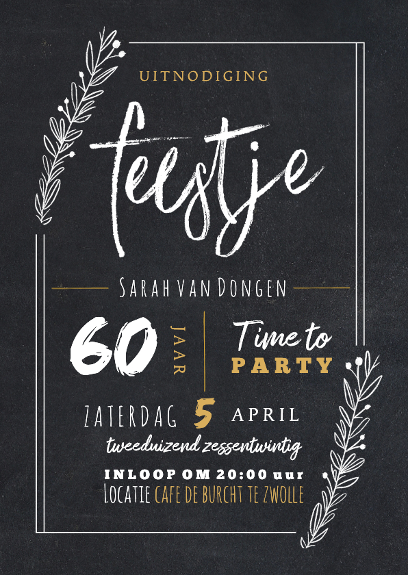 Uitnodigingen - Hippe uitnodiging krijtbord look met feestje en takjes