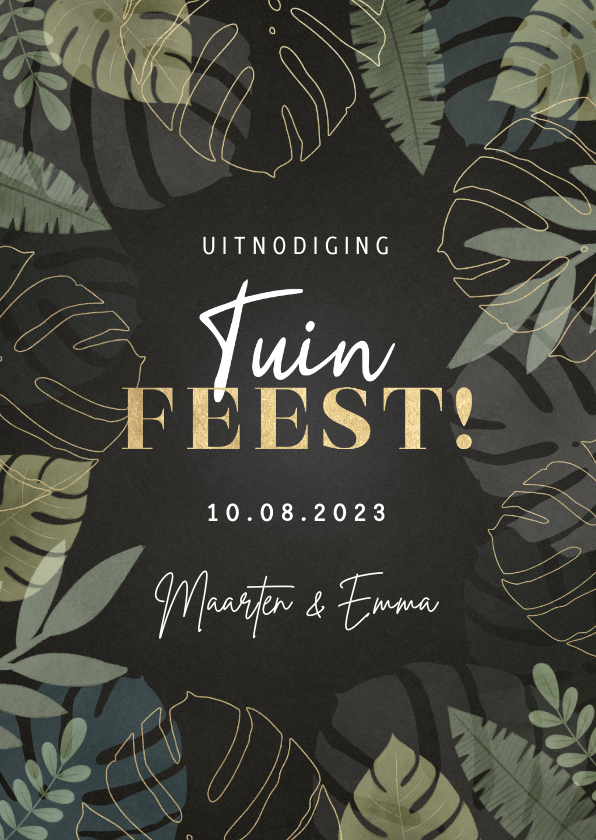 Hippe uitnodiging tuinfeest met junglekader en typografie - Uitnodigingen Uitnodigingen - Hippe uitnodiging tuinfeest met junglekader en typografie