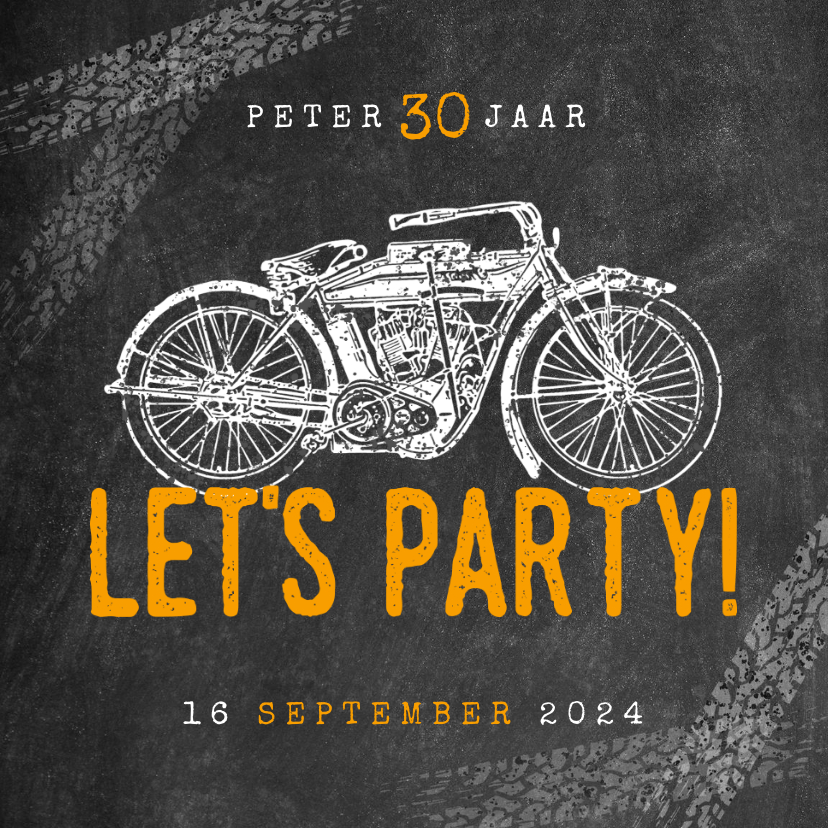 Uitnodigingen - Hippe uitnodiging verjaardag 30 jaar met motor & Let's Party