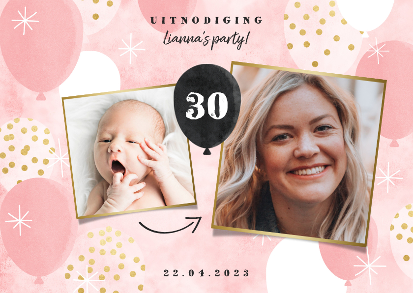 Hippe uitnodiging verjaardag met ballonen en foto's - Uitnodigingen Uitnodigingen - Hippe uitnodiging verjaardag met ballonen en foto's