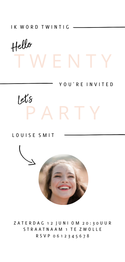 Uitnodigingen - Hippe uitnodiging verjaardagsfeestje vrouw minimalistisch