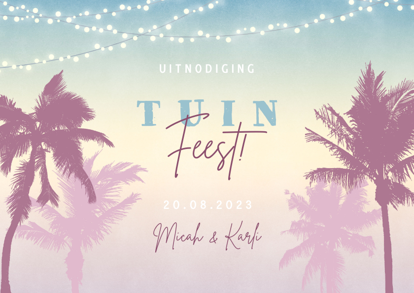Uitnodigingen - Hippe uitnodiging voor een tuinfeest met palmbomen & lampjes