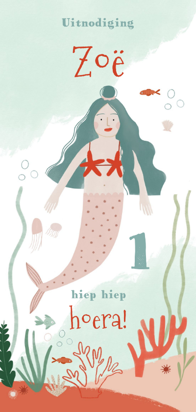Uitnodigingen - Hippe uitnodiging zeemeermin eerste verjaardag meisje