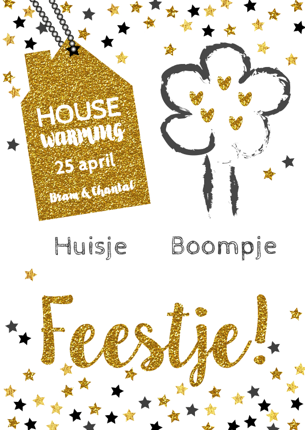 Uitnodigingen - Housewarming huisje boompje feestje goud