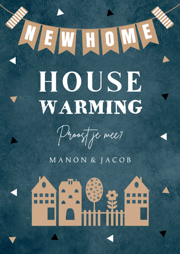 Uitnodigingen - Housewarming uitnodiging blauw huisjes slinger
