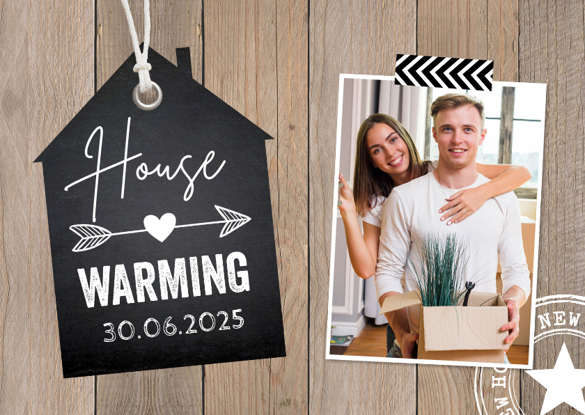 Housewarming uitnodiging label huis foto houtlook - Uitnodigingen Uitnodigingen - Housewarming uitnodiging label huis foto houtlook