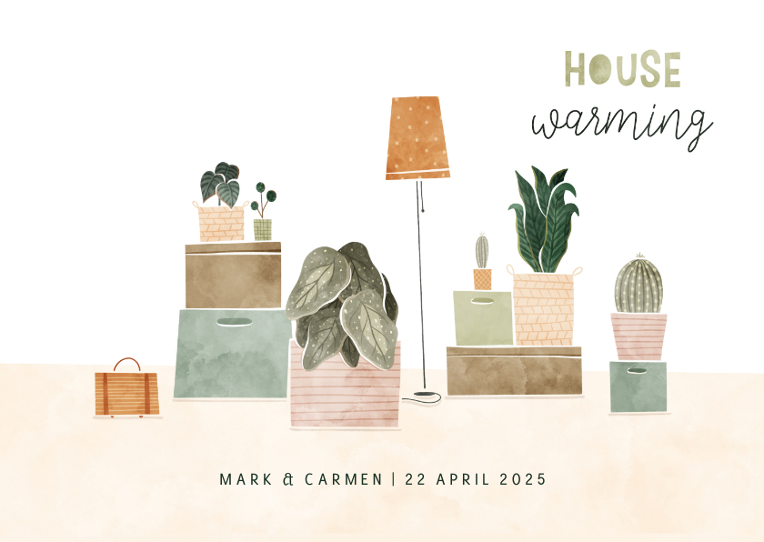 Uitnodigingen - Housewarming uitnodiging met plantjes en verhuisdozen