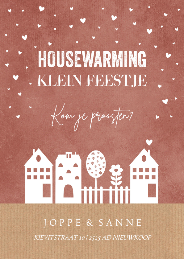 Housewarming uitnodiging roestbruin huisjes hartjes - Uitnodigingen Uitnodigingen - Housewarming uitnodiging roestbruin huisjes hartjes