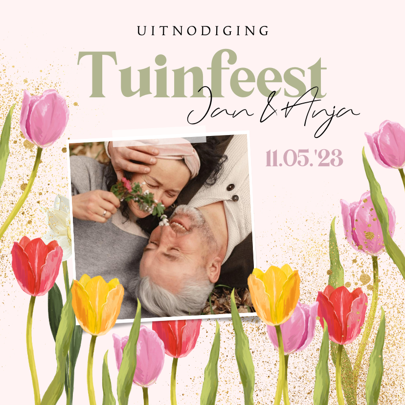 Uitnodigingen - Kleurrijke uitnodigingskaart tuinfeest tulpen foto goud