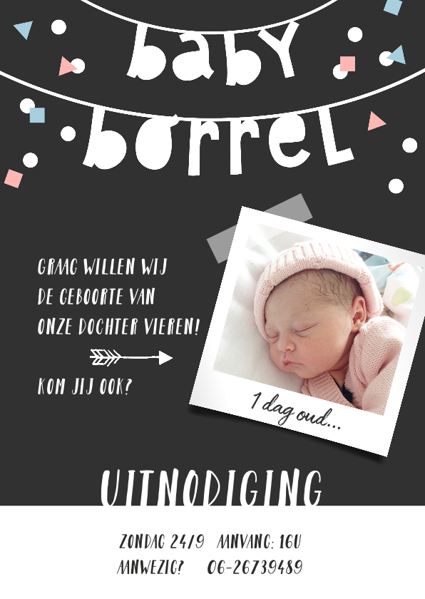 Kraamfeest babyborrel slinger fotokaart confetti - Uitnodigingen Uitnodigingen - Kraamfeest babyborrel slinger fotokaart confetti