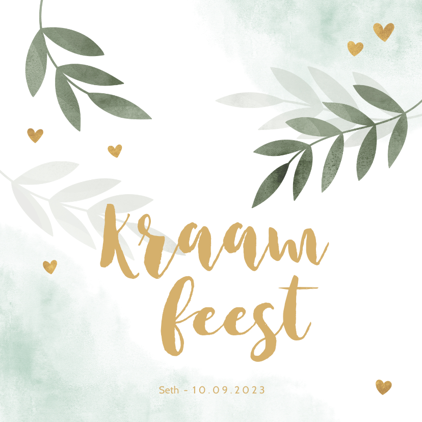 Kraamfeest mintgroen waterverf takjes gouden hartjes - Uitnodigingen Uitnodigingen - Kraamfeest mintgroen waterverf takjes gouden hartjes