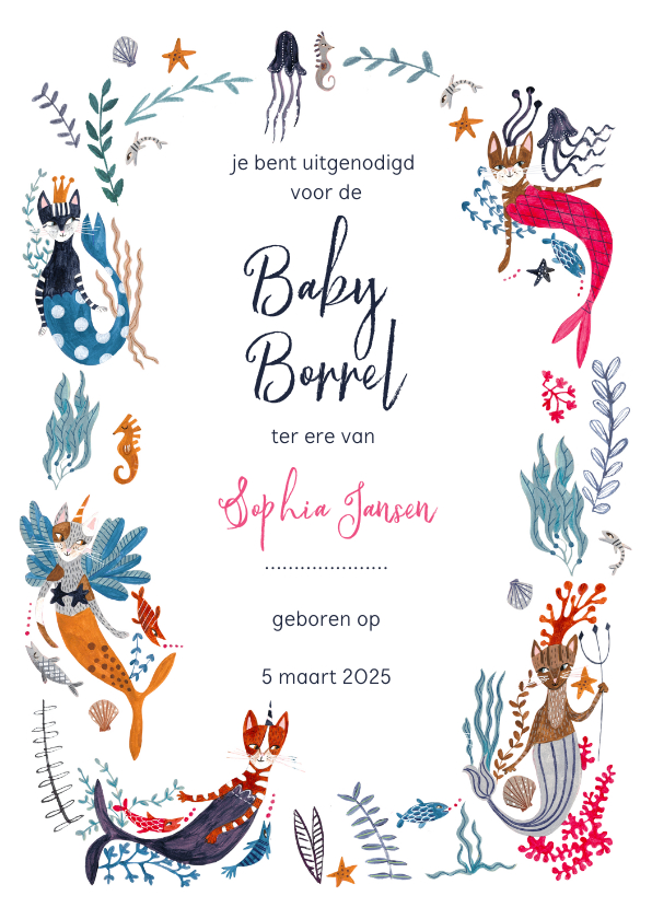 Kraamfeest of Baby borrel uitnodiging met poezen zeemeermin - Uitnodigingen Uitnodigingen - Kraamfeest of Baby borrel uitnodiging met poezen zeemeermin