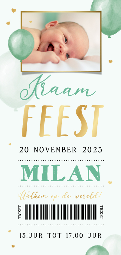 Kraamfeest uitnodiging ballonnen hartjes ticket unisex goud - Uitnodigingen Uitnodigingen - Kraamfeest uitnodiging ballonnen hartjes ticket unisex goud