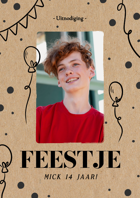 Kraft uitnodiging met ballonnen en foto - Uitnodigingen Uitnodigingen - Kraft uitnodiging met ballonnen en foto
