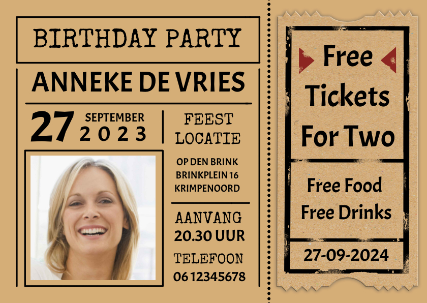 Uitnodigingen - Leuke uitnodiging "Free Tickets For Two" voor een vrouw