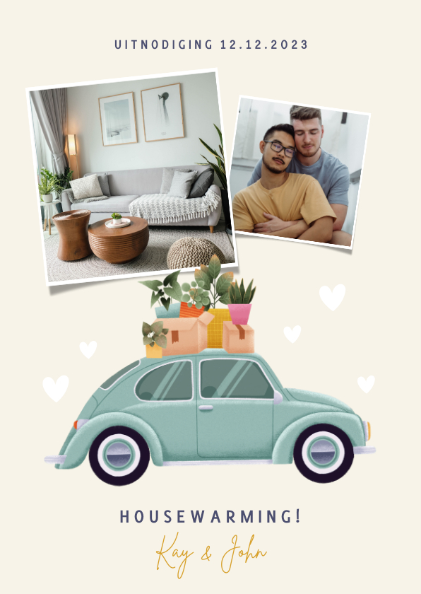 Leuke uitnodiging housewarming verhuisauto foto's & plantjes - Uitnodigingen Uitnodigingen - Leuke uitnodiging housewarming verhuisauto foto's & plantjes