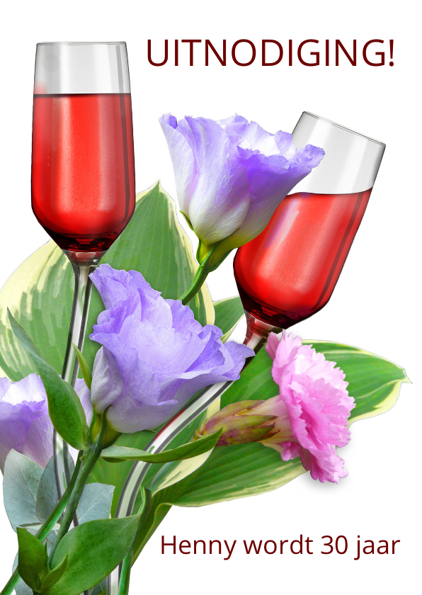 Leuke uitnodiging met gebogen glazen tussen bloemen - Uitnodigingen Uitnodigingen - Leuke uitnodiging met gebogen glazen tussen bloemen