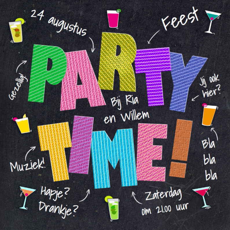 Leuke uitnodiging PARTY TIME op zwart krijtbord - Uitnodigingen Uitnodigingen - Leuke uitnodiging PARTY TIME op zwart krijtbord
