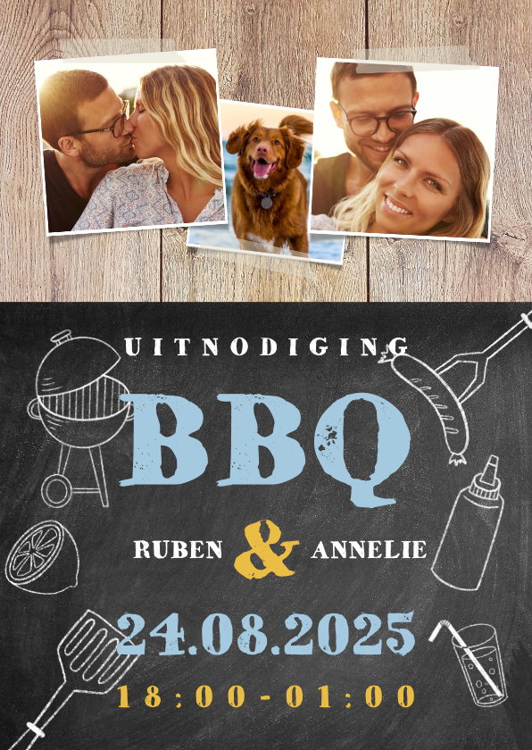 Uitnodigingen - Leuke uitnodiging voor een BBQ met hout, krijtbord en foto's