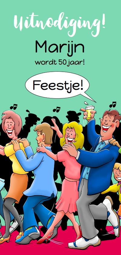 Leuke uitnodiging voor feestje, gasten lopen in polonaise - Uitnodigingen Uitnodigingen - Leuke uitnodiging voor feestje, gasten lopen in polonaise